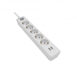 Base múltiple 5 tomas schuko, con interruptor + 2 usb a, 2 m cable, 16a 230v~, blanca