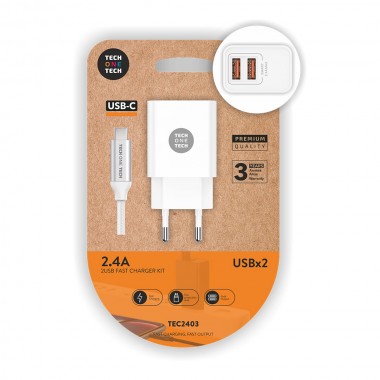 Cargador doble blanco+cable nylon usb-c 2,4a tech one tech