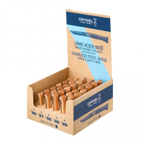 Caja con 30 navajas acero inoxidable, 6 unid. nº6 + 6 unid. nº7 + 12 unid. nº8 + 6 unid. nº9. opinel
