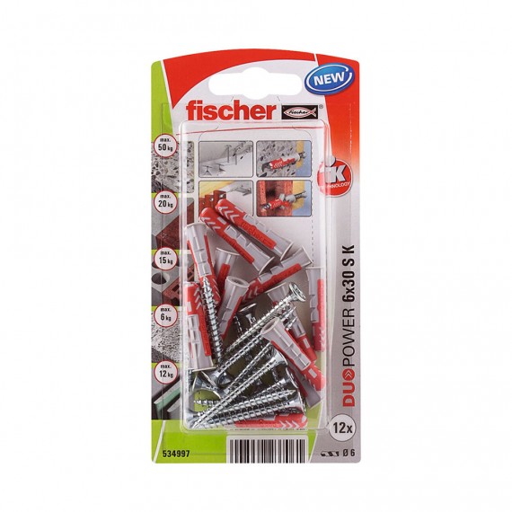 Blister 12 tacos+tornillos duopower ø6x30mm 534997 fischer