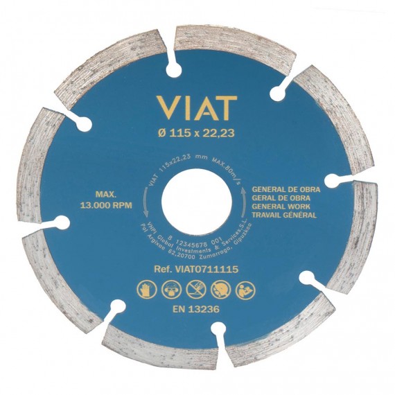 Disco de diamante segmentado general de obra para corte en seco. medidas: ø115x2x22,23mm viat0711115 viat