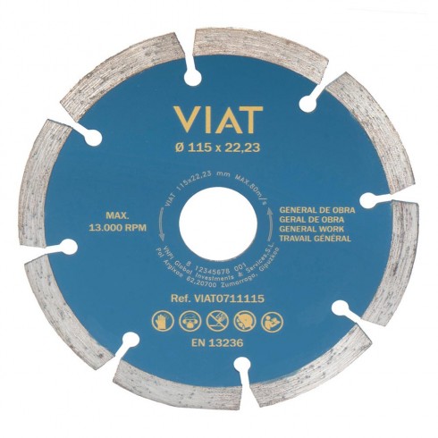 Disco de diamante segmentado general de obra para corte en seco. medidas: ø115x2x22,23mm viat0711115 viat