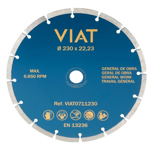Disco de diamante segmentado general de obra para corte en seco. medidas: ø230x3x22,23mm viat0711230 viat