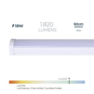 Regleta led 18 w 6.400 k luz fría 1.820 lm 60 x 4,6 x 5,1 cm