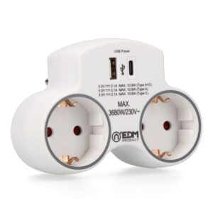 Adaptador 2 tomas 2p+t schuko con 2 usb (a + c), blanco