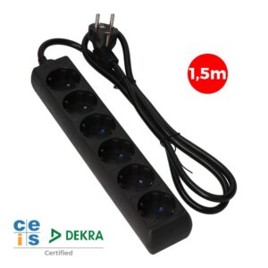 Base múltiple, 6 tomas schuko 2p+t, 1,5 m de cable h05vv-f 3g1,5 mm² 16a 250v~ 3680 w, negra