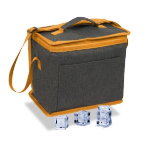 Nevera tipo bolsa 10 l diseño tejana gris con ribete y correa naranja, 28 x 16 x 22 cm