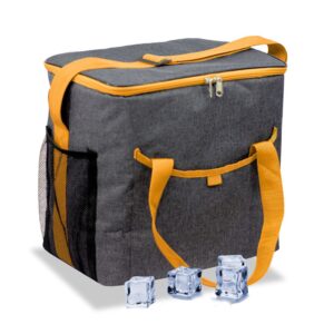 Nevera tipo bolsa 21 l diseño tejana gris con ribete, asas y correa naranja, 31,7 x 20 x 33 cm