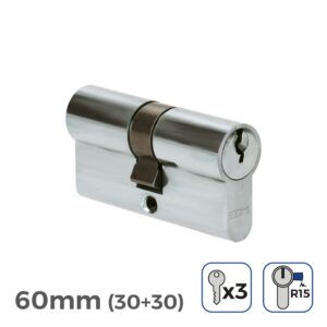 Cilindro 60 mm (30+30 mm) niquelado, leva larga r15 con 3 llaves de serreta incluidas