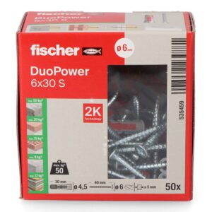 Tacos duopower ø6 x 30 mm + tornillos ø4,5 x 40 mm, caja 50 uds